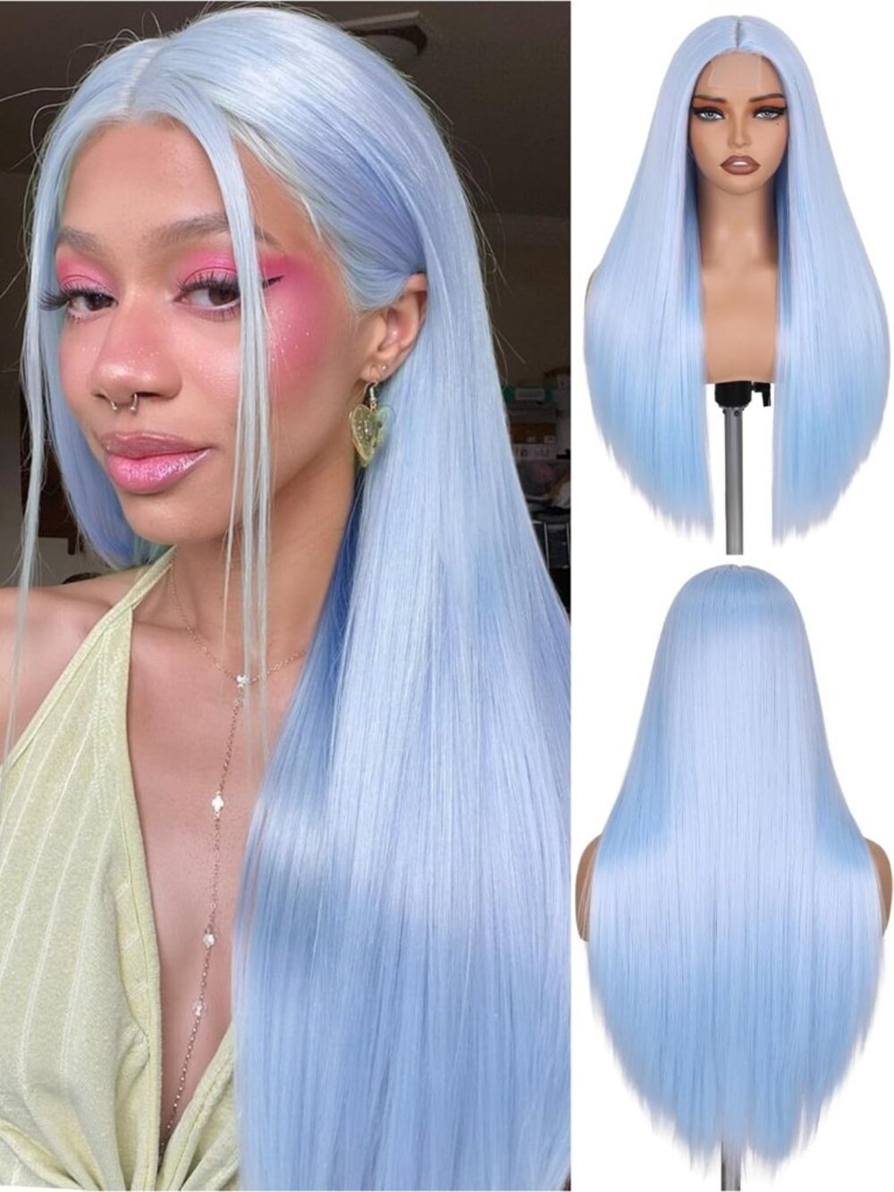 Women's Light Blue 26 Inch Heat Resistant Straight Middle Part Synthetic Wigs